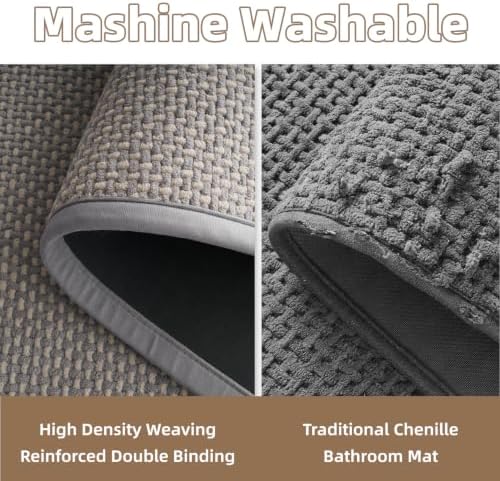 PADOOR-Bath Mat-Super Absorbent Chenille Bathroom Mats-Rubber Backed Bath Mats for Bathroom Non Slip, Easy Clean Bathroom Rugs Front of Bathtub,Shower Room,Sink-20×32, Grey&Beige - Image 5