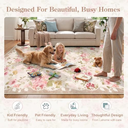 Lahome Pink Floral Nursery Rug 4x6, Low Pile Ultra-Thin Girls Bedroom Rug - Image 5