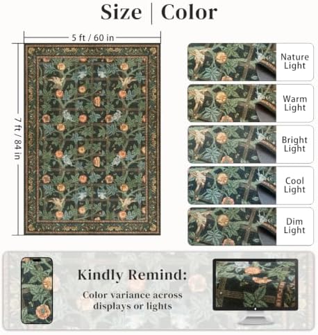 5x7 Area Rug, Green Vintage Floral Washable Rugs for Living Room Bedroom - Image 2