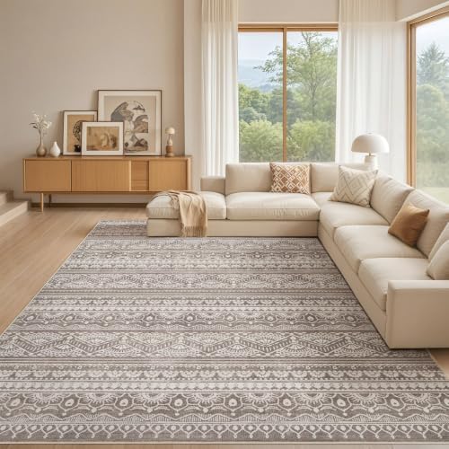 Tortania Area Rug Living Room Rugs - 10x14 Washable Large Soft Neutral Boho Moroccan Bohemian Farmhouse Rug Indoor Floor Carpet for Bedroom Under Dining Table Home Office Decor - Dark Brown by Tortania