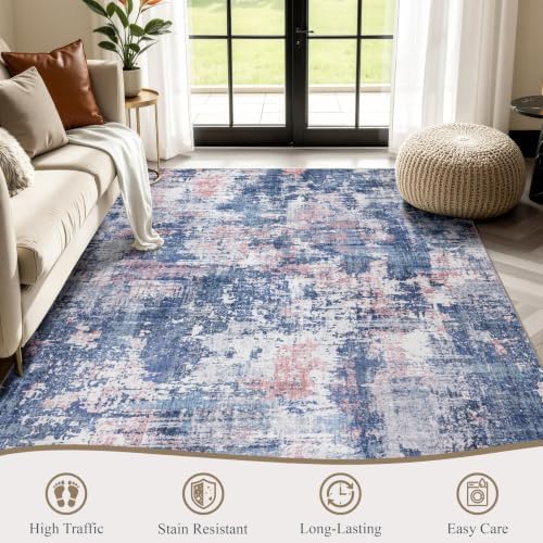 Sasttie 10x14 Washable Area Rug, Modern Abstract Large Carpet, Pink & Blue - Image 2