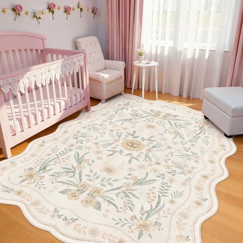 Scalloped Floral Rug 6x9, Neutral Beige Washable Non Slip Area Rug for Bedroom, Soft Low Pile Cream Cottagecore Rug for Living Room, Nursery Girls Room, or Dining Room by Dadasgk