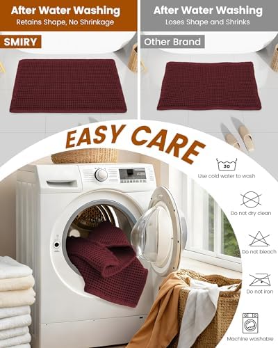 Smiry Waffle Bath Mat 60X24, Extra Soft Absorbent Bathroom Rugs, Burgundy - Image 6