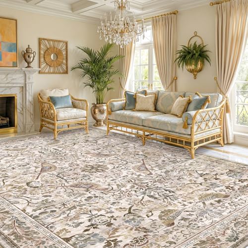 Vintage Moss Green 8x10 Washable Area Rugs for Living Room - Soft Floral Rug for Bedroom, Dining Room, Light Brown Taupe Low Pile Stain Resistant Bird Floral Bird Carpet by HazoHaus