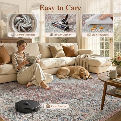 UERMEI 10x14 Area Rug for Living Room Washable Vintage Pink Brown Carpet - Image 5