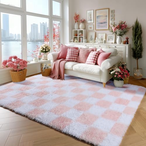 KICMOR Light Pink and White Rugs for Bedroom Girls, 4x6 Fluffy Fuzzy Checkered Shag Area Rug Shaggy Bedside Carpet, Soft Plush Cute Rug for Toddler Kids Baby Nursery Teen Dorm Living Room Home Decor by KICMOR