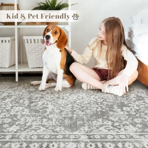 Vintage Living Room Area Rug - 9x12 Large Machine Washable Boho Area Rug Distressed Floral Rugs for Bedroom, Soft Non-Slip Indoor Floor Accent Rugs for Office Dining Room (Floral Grey, 9'x12') - Image 4