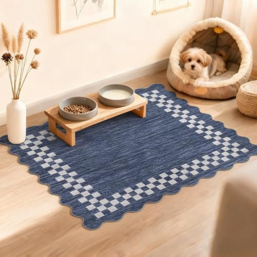 Small Area Rug 2x3 Modern Checkered Entry Rug Solid Color Scalloped Kitchen Rugs Washable Bedroom Doormat Non Slip Stain Resistant Bordered Throw Carpet for Living Room Nursery Laundry, Blue - Image 2