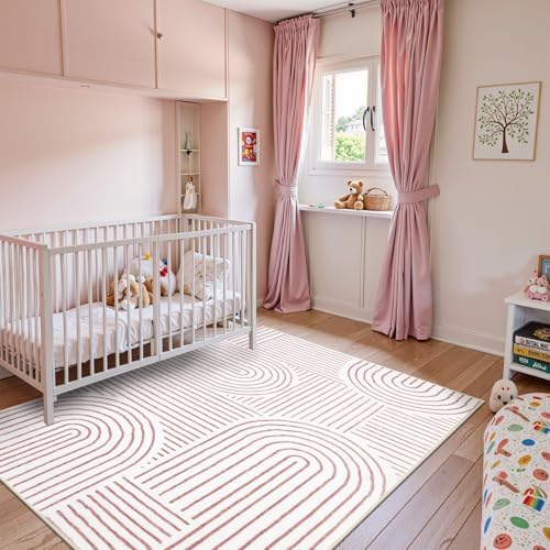 Lahome Abstract Pink and White Rugs for Bedroom Girls, Soft Washable Rugs - Image 6