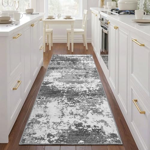 Grey 2x5 Washable Entryway Runner Rug Non Slip for Hallways Kitchen, Bathroom Rug Runners with Rubber Backing 5ft Long Carpet for Laundry Room, Low Pile Stain & Fade Resistant, Abstract Gray - Image 2