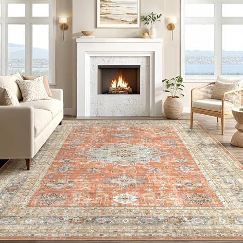 cotiled 8x10 Area Rug for Living Room, Washable, Traditional, Orange - Image 5