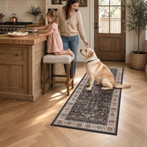 Washable 2x6 Kitchen Non-Slip Runner Rug Charcoal Beige Throw Carpet - Image 3