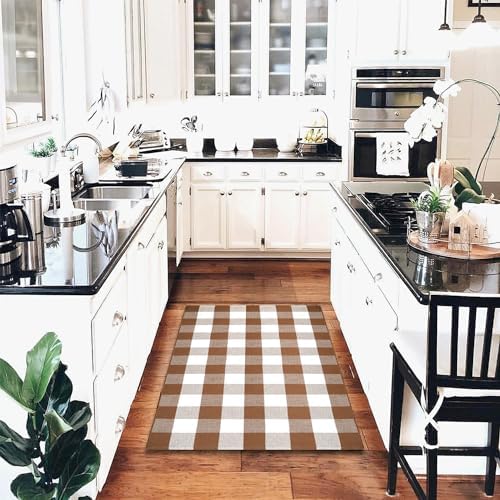 Homydecor Buffalo Plaid Outdoor Rugs, 4'x6' Coffe and White Checkered Area Rug, Layering Rug for Hello/Welcome Door Mat, Washable Cotton Woven Farmhouse Mat for Front Porch Décor - Image 4