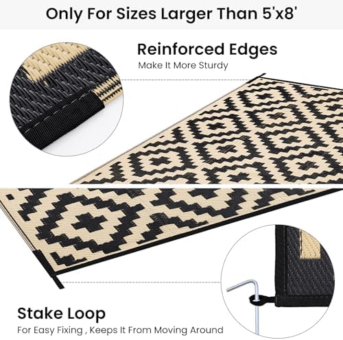 Smiry Outdoor Rug 10x14 ft Waterproof Reversible Boho Mat, Black & Beige - Image 4