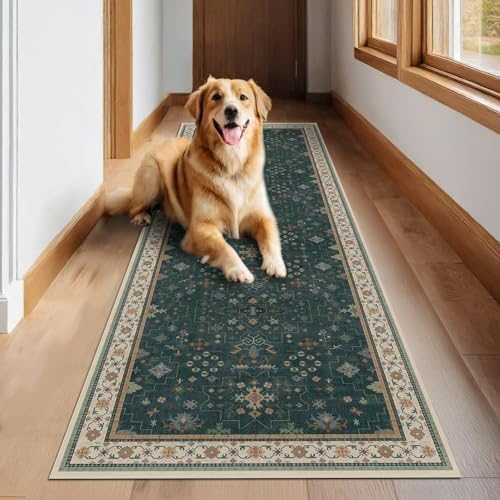Hazo Haus Dark Green 2x8 Non Slip Kitchen Runner Rugs - Modern Vintage Boho Eclectic Floral Pattern, Washable Low Pile Non-Slip 8ft Long Runner Rugs for Hallway, Entrance - Image 6