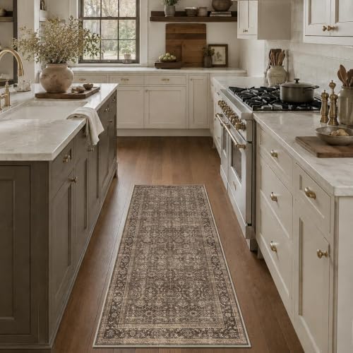 JOOJA 2x5 Brown Vintage Floral Low Pile Non Slip Washable Boho Runner Rug - Image 2