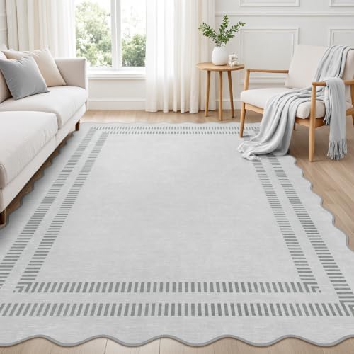 Washable Rug 5x7 Area Rugs for Living Room, Solid Grey Rug Non Slip Scalloped Carpet with Rubber Back, Soft Low Pile Rugs for Nursery Bedroom Dorm by LORWER