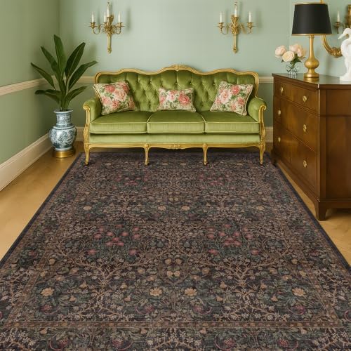 Dark Brown Washable 5x7 Area Rugs for Living Room, Entryway, Non-Slip Soft Rugs for Bedroom, Dining Room, Home Office, Black Brown Floral Vintage Cottage Indoor Carpet Décor, Low Pile Stain Resistant - Image 6