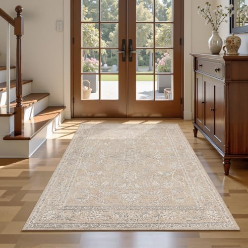 RCTJHOME 4x6 Beige Grey Vintage Floral Washable Area Rug Non-Slip Carpet - Image 3