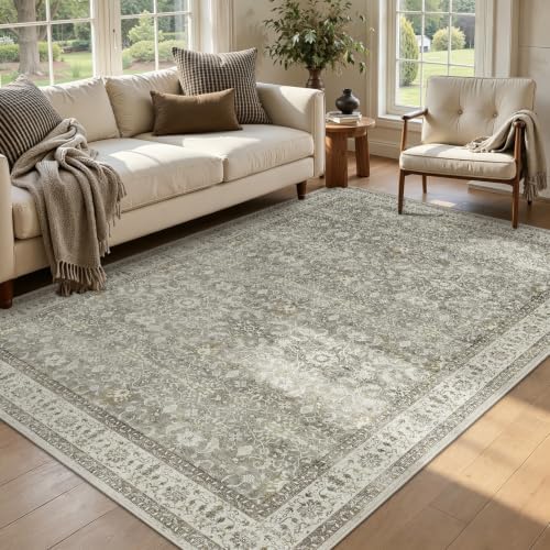 Neutral Gray 5x7 Area Rugs, Transitional Modern Faromhouse Print Rugs for Living Room Bedroom, Washable Non Slip Ultra Thin Carpet Rug for Dining Room Home Office, Soft French Gray/Beige/Olive by Jainmy
