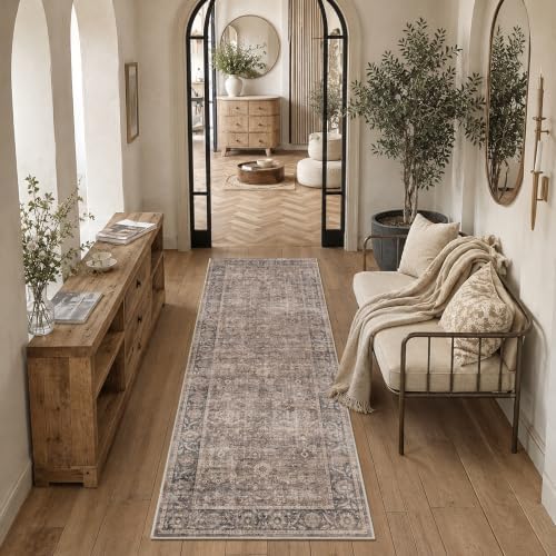 Washable 2.6x8 Kitchen Soft Runner Rug Retro Taupe Navy Throw Carpet - Image 2