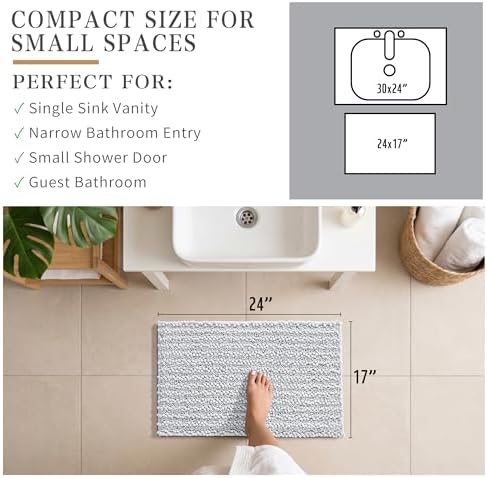 Yimobra Bathroom Rugs Non Slip Washable - Ultra Soft Absorbent Chenille Bath Mat, Quick Dry Shaggy Floor Carpet for Tub Shower, Light Gray Home Decor Accessories, 24x17 Inch - Image 3