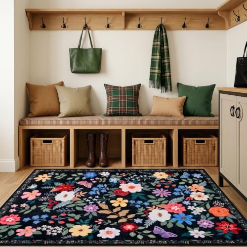 PLHXFR Area Rug Living Room: 3x5 Floral Washable Boho Soft Carpet Black - Image 5