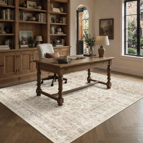 JOOJA 6x9 Beige Neutral Vintage Boho Washable Area Rug, Soft Floor Carpet - Image 3