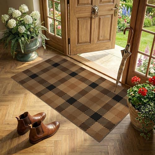 JTJ Easy Jute 2x4 Entryway Runner Rug, Brown Plaid, Washable by JTJ