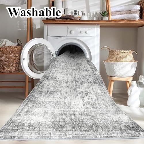 CHAMPLANT 5x7 Washable Area Rug Gray Vintage Traditional Floor Cover Foldable Thin Kitchen Accent Indoor Distressed Non Slip Carpet Floral Print Mat Bedroom Living Room Bathroom - Image 3