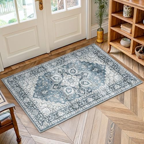 Amada Small 2x4 Washable Area Rug for Entryway, Blue, Vintage Pattern by AMADAHOMEFURNISHING