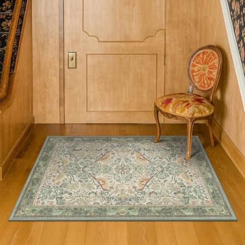 Large Entryway Rugs Indoor - Sage Green 3x4 Washable Rugs for Kitchen Bedroom Beside Bed Door Mat Indoor Entrance with Beige Woodland Flowers, Non Slip Stain Resistant Low Pile - Image 3