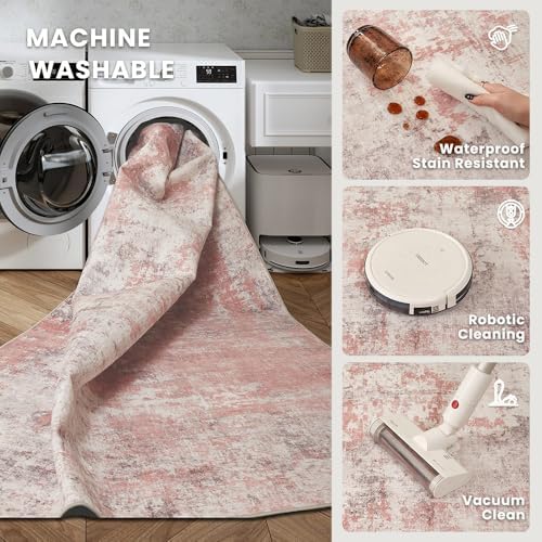 6x9 Pink Gray Washable Area Rug for Living Room, Vintage Print - Image 5