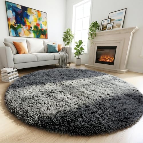Amdrebio Grey Furry Big Round Area Rug 6Ft for Living Room Bedroom Playroom by Amdrebio