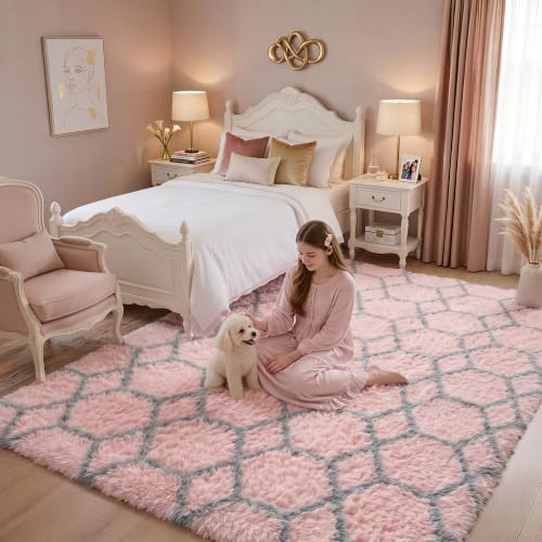 5x7 Area Rugs for Living Room Bedroom, Fluffy Pink and Grey Geometric Rug - Image 6