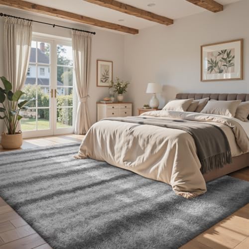 5x7 Ft Large Shag Rug for Living Room Bedroom,Tie-Dyed Ultra Soft Fluffy Furry Area Rug, Aesthetic Carpet for Indoor Floor Home Decor (Grey&White) - Image 3