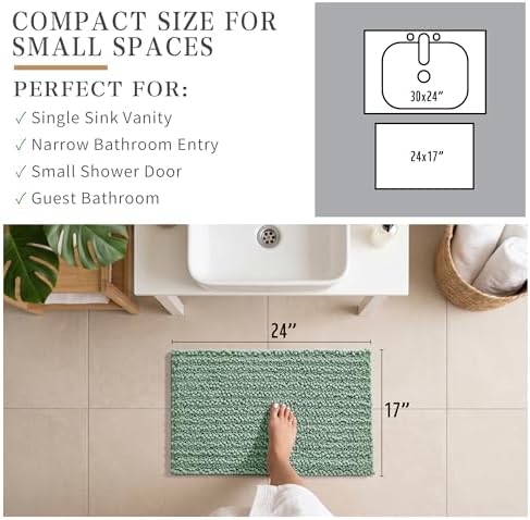 Yimobra Bathroom Rugs Non Slip Washable - Ultra Soft Absorbent Chenille Bath Mat, Quick Dry Shaggy Floor Carpet for Tub Shower, Green Home Decor Accessories, 24x17 Inch - Image 3