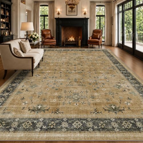 Washable 8x10 Living Room Rug, Oriental Large Area Rug for Dining Room Under Table, Rustic Brown and Charcoal Olive Low Pile Bedroom Carpet, Non-Slip Stain Resistant Indoor Door Mat by HazoHaus