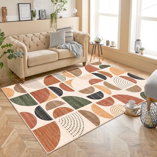 MUJOO Boho Rug Washable,4x6.5 Area Rugs for Bedroom Living Room Bedside Office,Throw Floor Carpet Non Slip Soft Indoor Modern Abstract Bohemian Terracotta - Image 2
