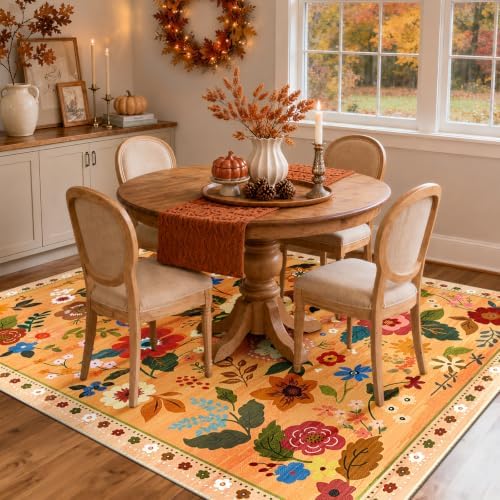 RELEANY Floral Washable 5x7 Area Rugs Orange/Yellow/Red - Image 2