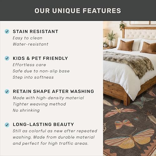 Vintage 6ft Round Living Room Rug, Brown Washable Circle Carpet for Entryway, Home Office & Reading Corner, Soft Stain Resistant Boho Insect Rug - Image 7