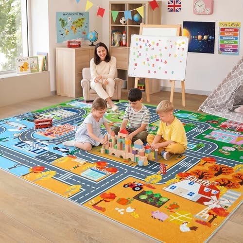 Car Rug Play Mat for Kids Toy Cars, 7' x 9' City Road Town Track Area Rug by Awaytail