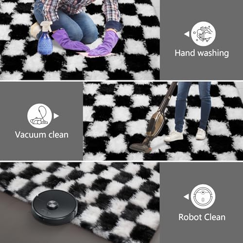 Shag Runner Rug for Bedroom Living Room 3x7 Upgrade Non-Slip Fluffy Soft Bedside Rugs,Black and White Shaggy Carpet for Livingroom Dorm Home Decor Aesthetic - Image 6