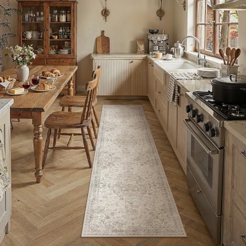 PureCozy Beige Runner Rug 2x8 Kitchen Vintage Floral Non-Slip Carpet - Image 2