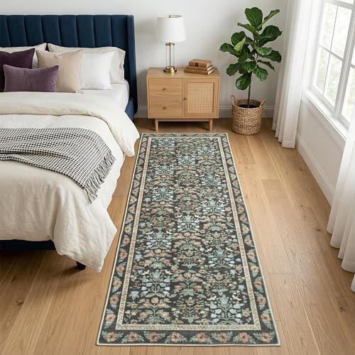 Non Slip 2x6 Kitchen Runner Rug Washable, Hallway Runner Rugs, Boho Vintage Floral Gold Black Non Skid Carpet Stain Resistance Ultra Soft Low Pile for Entryway, Bathroom Mats for Floor - Image 2