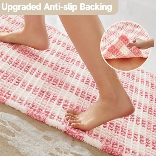 TYUU Waffle Bath Mat, Small Cute Bathroom Rug Non Slip, 24x16 Pink & White - Image 5