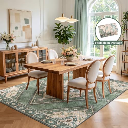 5x7Ft Boho Washable Rugs for Living Room, Green/Multi Thin Bedroom Area Rugs Non Slip, Moroccan Soft Kids Nusery Area Floor Carpets for Dining Room Playroom Kitchen Home Office Decor - Image 4