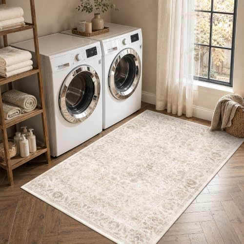 Washable 4x6 Bedroom Non-Slip Area Rug Vintage Beige Throw Carpet - Image 4