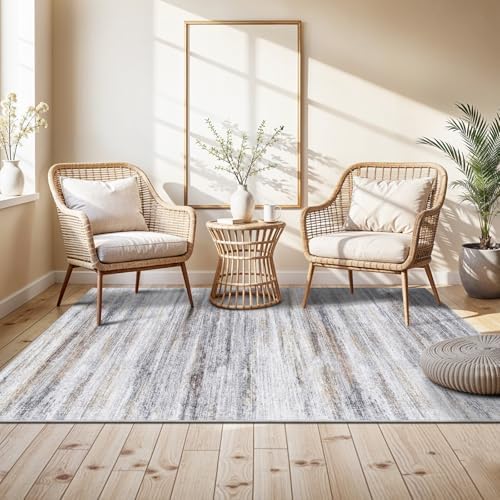 4x6 Rugs for Living Room: Non-Slip Washable Area Rug for Hallway Entryway Kitchen Bedroom - Easy-to-Clean Stain and Water Resistant Carpet - Soft Low-Pile Throw Mat Beige Grey - Image 2