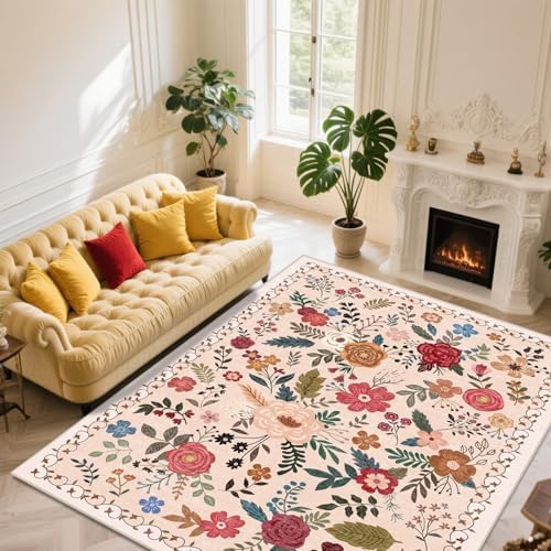 Extra Large 10x14 Area Rug for Living Room, Washable Rugs for Dining Room, Bedroom, Non Slip Stain Resistant Carpet, Low Pile Vintage Floral Rug (Beige Red) - Image 2